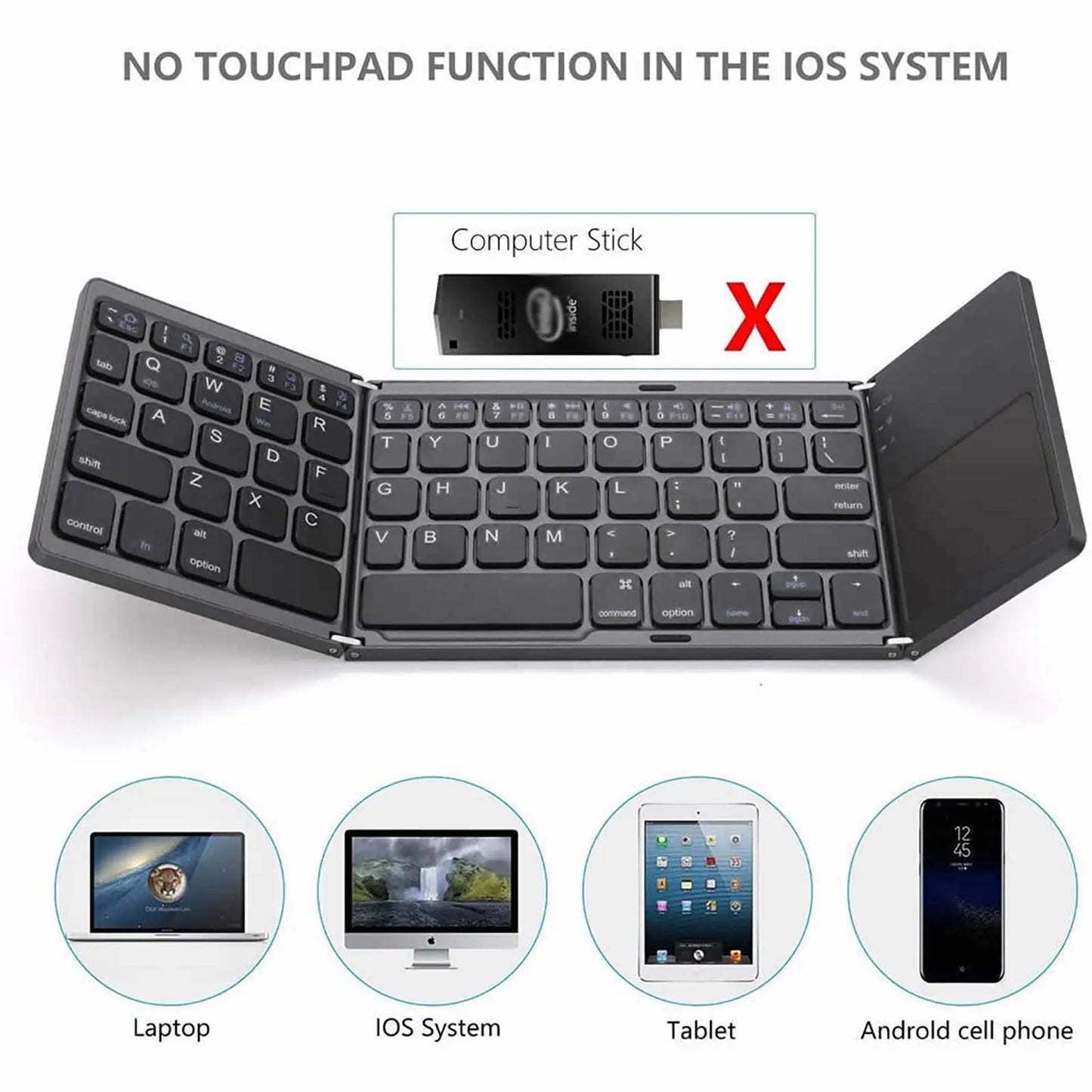 Tri-Fold Bluetooth 5.0 Wireless Keyboard with Touchpad | Universal Compatibility for Windows, iOS, macOS, and Android | Connects Up to 3 Devices | Rechargeable Battery | Ultra-Portable Design for Computers, Tablets, and Mobile Phones