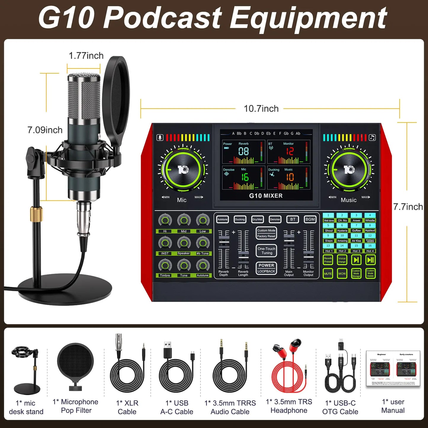 Tenlamp G10-P15 Professional Sound Card Kit with Condenser Microphone, Audio Mixer Featuring Voice Changer and Noise Reduction for Streaming, Podcasting, and Gaming