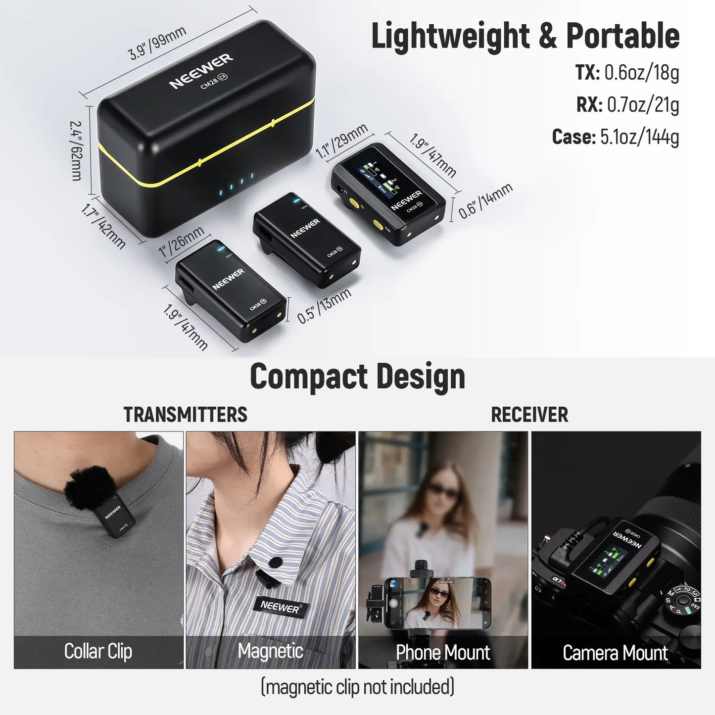 NEEWER CM28 Wireless Lavalier Microphone with Charging Case and OTG Adapter, Compatible with iPhone, Android, PC, and Camera - Ideal for Vlogging and Interviews
