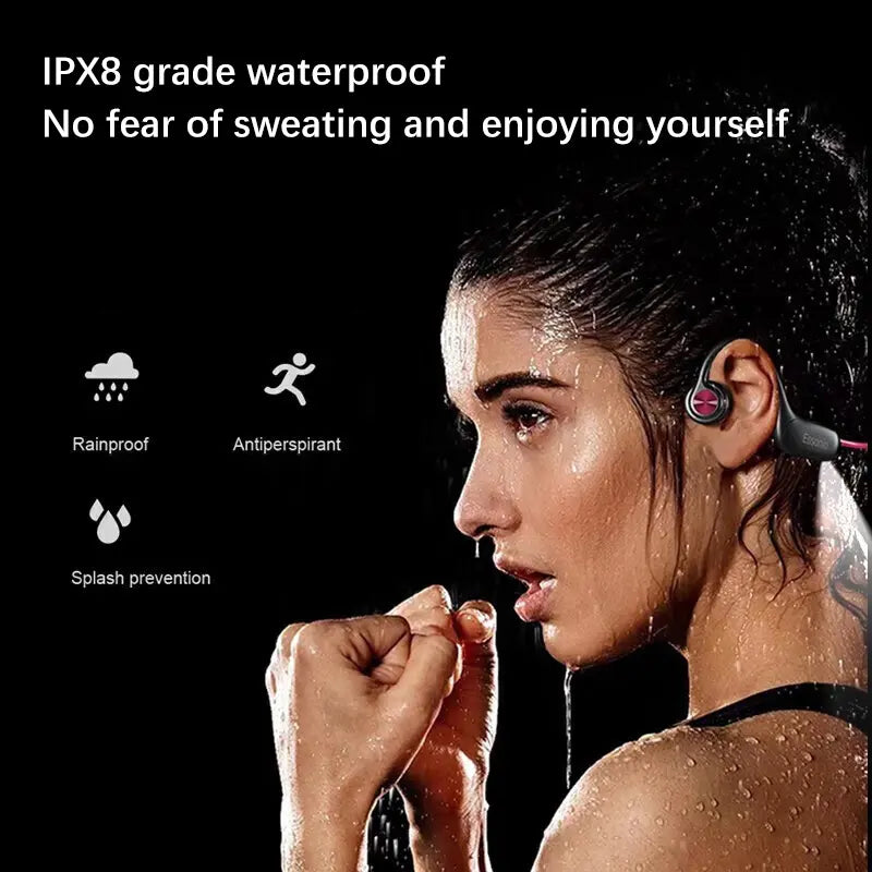 ESSONIO-P8 Bone Conduction Bluetooth Headset - Wireless Hanging Ear Design, IPX8 Waterproof, 32GB Memory, Ideal for Night Running and Swimming Fitness, Durable Audio Earbud in Black