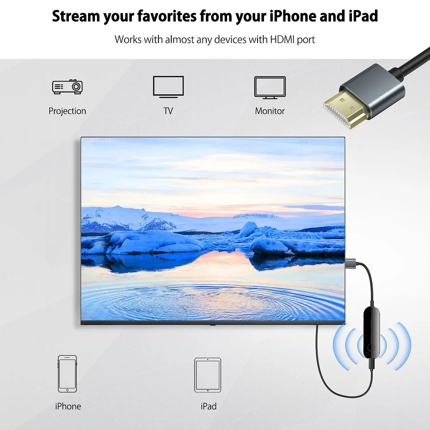 Ishare iOS Wireless HDMI Display Adapter - Streaming Device for All iPhone Models to TV, HD Video and Audio Sync, Supports YouTube and TikTok Mirroring, Not Compatible with Netflix