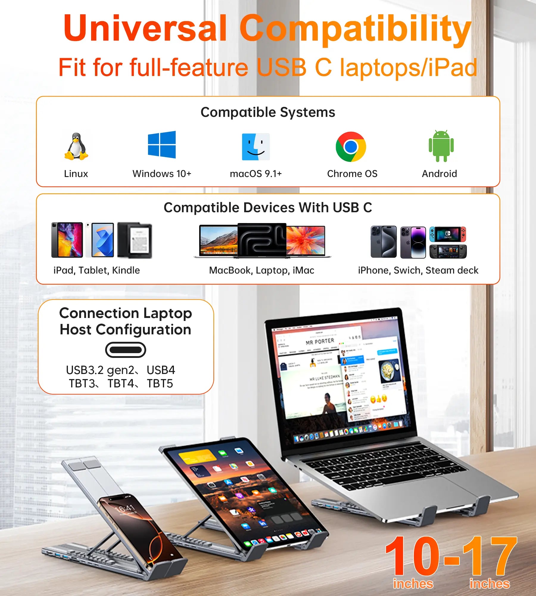 Mukiya USB-C Laptop Stand and Docking Station: 8-in-1 Hub with 4K HDMI, Multiple USB Ports, and SD/TF Card Slots for MacBook, Dell, HP, Surface, and Lenovo
