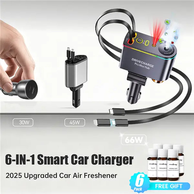Starlight Roof Retractable Car Charger with Lightning Cable, Dual Charging Ports, and Quick Charge Adapter - 5-in-1 Automotive Solution with Red LED Lights