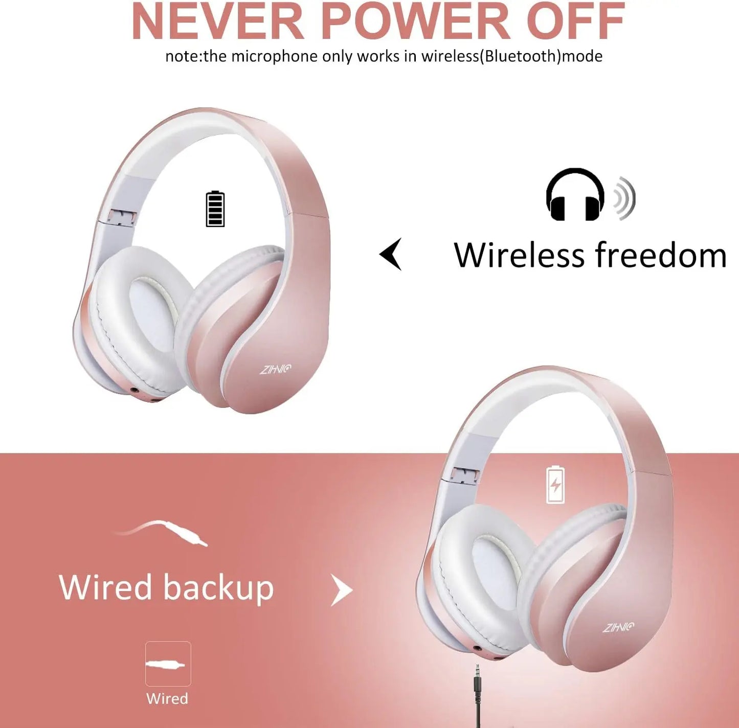 ZIHNIC WH-816 Wireless Bluetooth Over-Ear Headphones with Long Battery Life, Waterproof Design, and Foldable Sport Features for Comfortable Extended Use