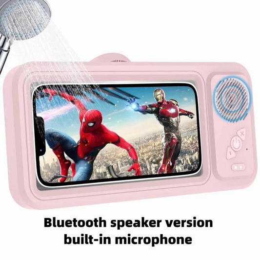 Waterproof Bathroom Shower Phone Holder with Bluetooth Speaker and 360° Rotating Touch Screen for Movie Watching and Music Listening