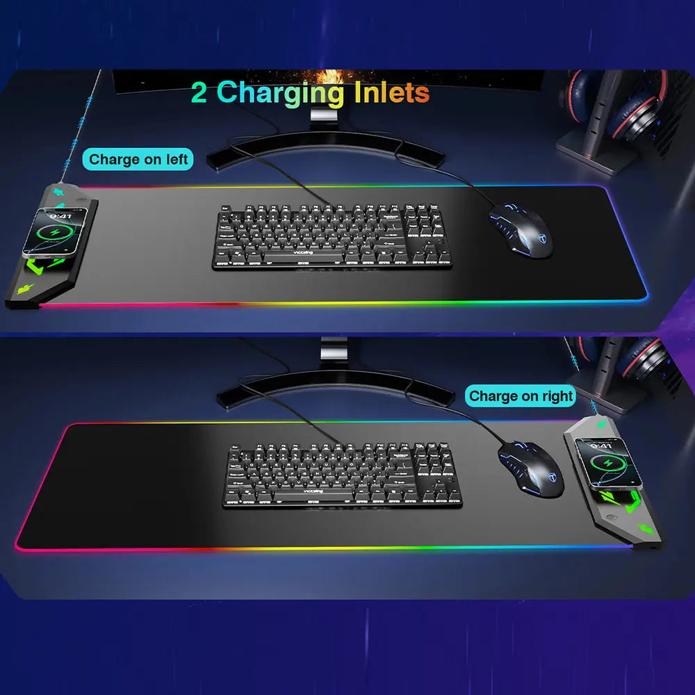 HIWE RGB Gaming Mouse Pad with 15W Magnetic Wireless Charging - Extra Large 35x15.8 Desk Mat with 24 Light Effects, Non-Slip Base, and Waterproof Design for Gamers