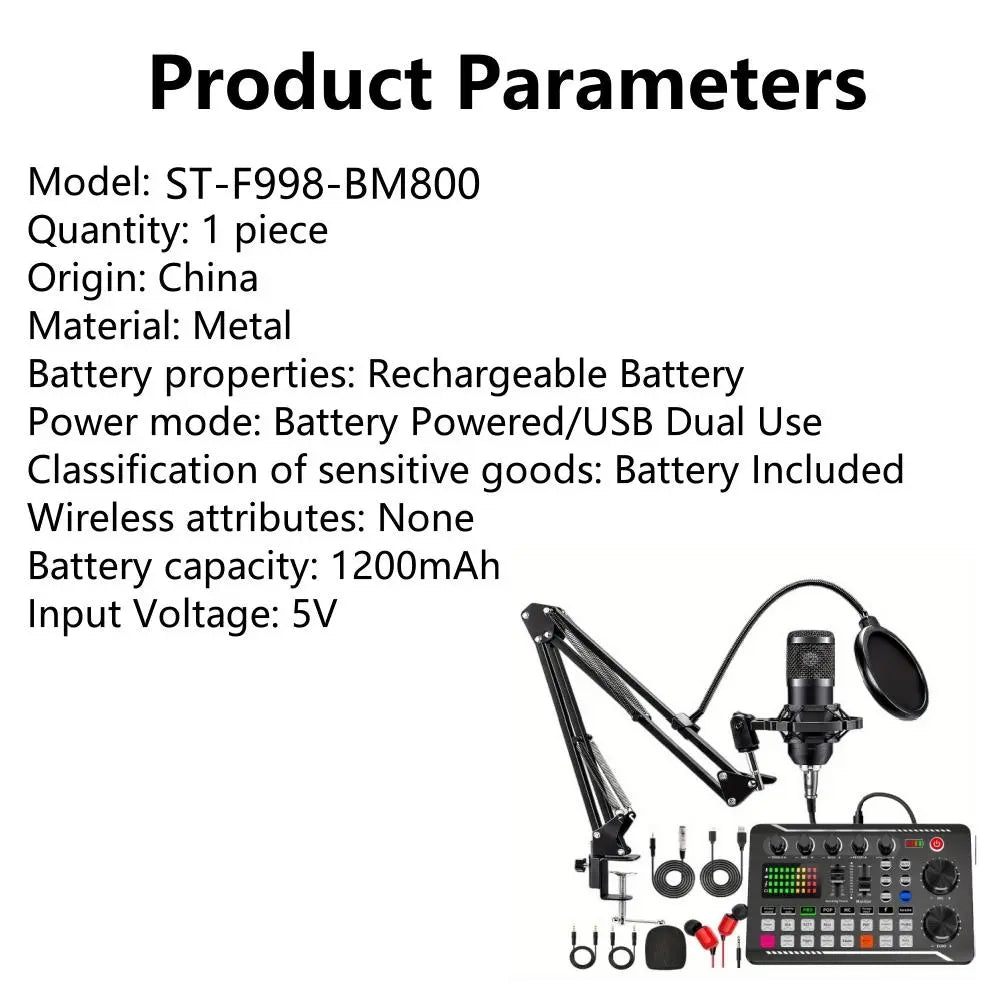 Professional Podcast Equipment Bundle: USB-Rechargeable Microphone with Voice Changer, Live Audio Mixer, Adjustable Condenser Mic, USB Audio Interface, Headphones, and Singing Microphone