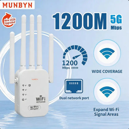 MUNBYN 2026 WiFi Range Extender - 1200Mbps Dual Band Repeater (5GHz/2.4GHz) WiFi Booster, Coverage Up to 10,000 Sq.Ft, Supports 50 Devices, Includes Ethernet Port for Home Use