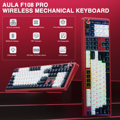 AULA F108 Pro Wireless Mechanical Gaming Keyboard - Full-Size with Smart Screen, Knob, Creamy Typing, Tri-Mode Connectivity, RGB Backlighting, Hot Swappable Switches for Professional and Gaming Use, Red