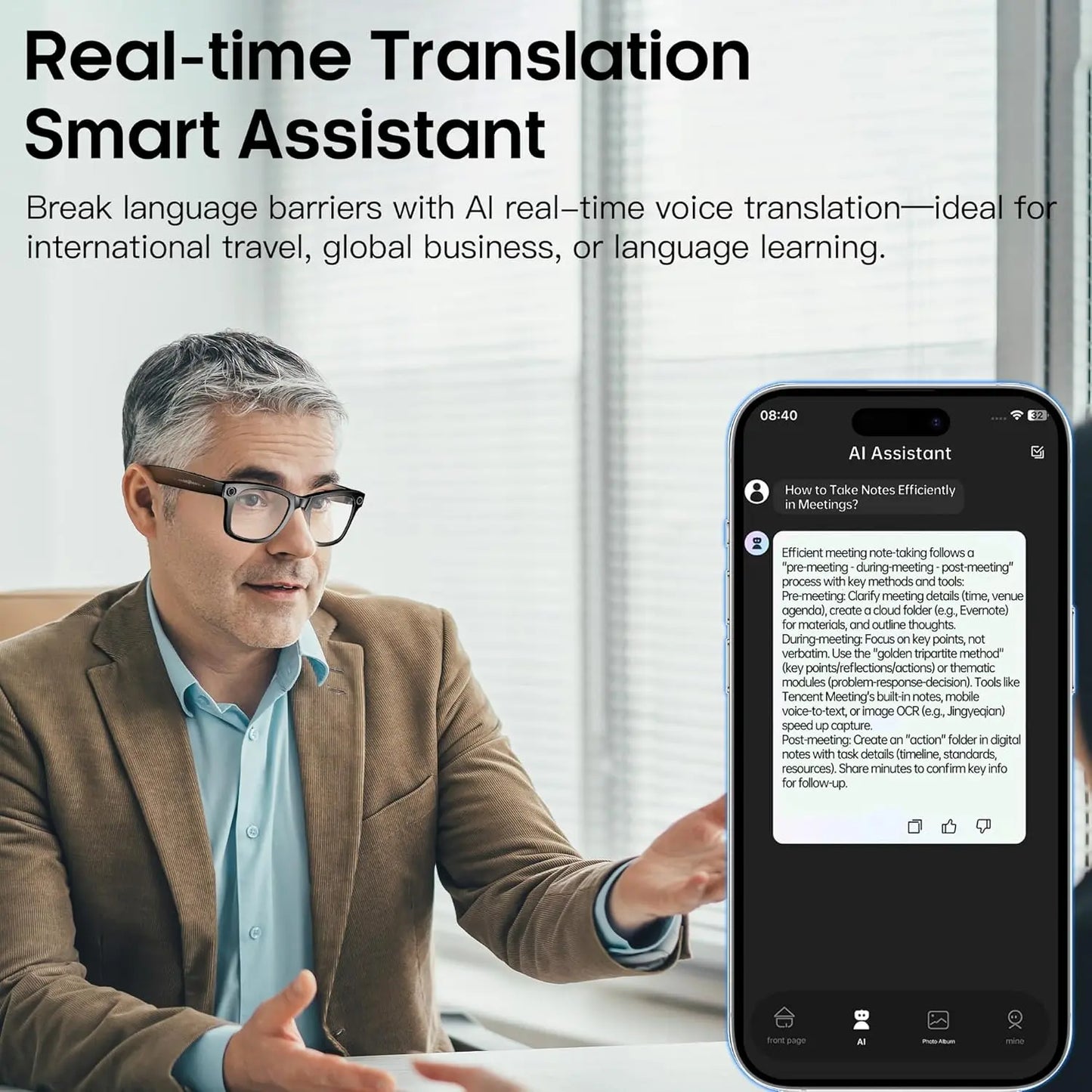 AI-Enhanced Smart Glasses with 8MP Camera and 1080P Video, Open-Ear Audio, Photo Recognition, Lightweight Design, and Photochromic Lenses for Men and Women