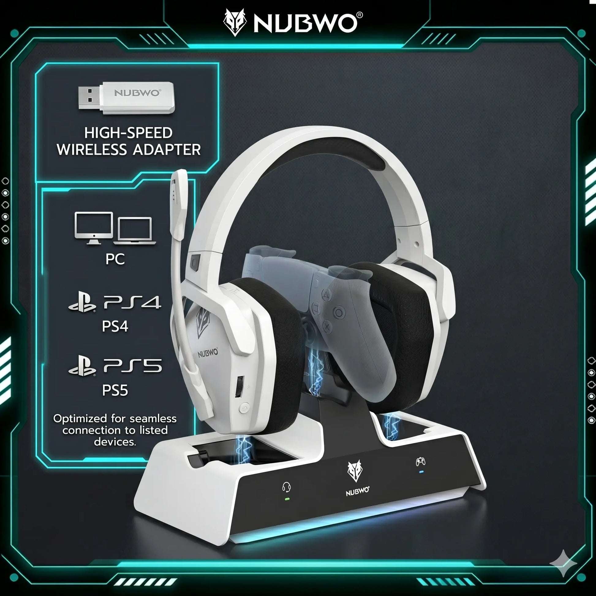 NUBWO G06 Pro Wireless Gaming Headset with Charging Station for Headphones & PS5 Controller Charger, Ps5 Ps4 PC, 120-Hour Battery, with 6 LED & RGB Mode,23Ms Sync​ for Fortnite & Call of Duty/Fps Gamers, Triple Mode All Devices Compatible Tiktokshopspring