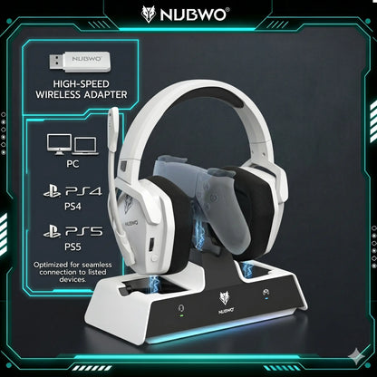 NUBWO G06 Pro Wireless Gaming Headset with Charging Station for Headphones & PS5 Controller Charger, Ps5 Ps4 PC, 120-Hour Battery, with 6 LED & RGB Mode,23Ms Sync​ for Fortnite & Call of Duty/Fps Gamers, Triple Mode All Devices Compatible Tiktokshopspring