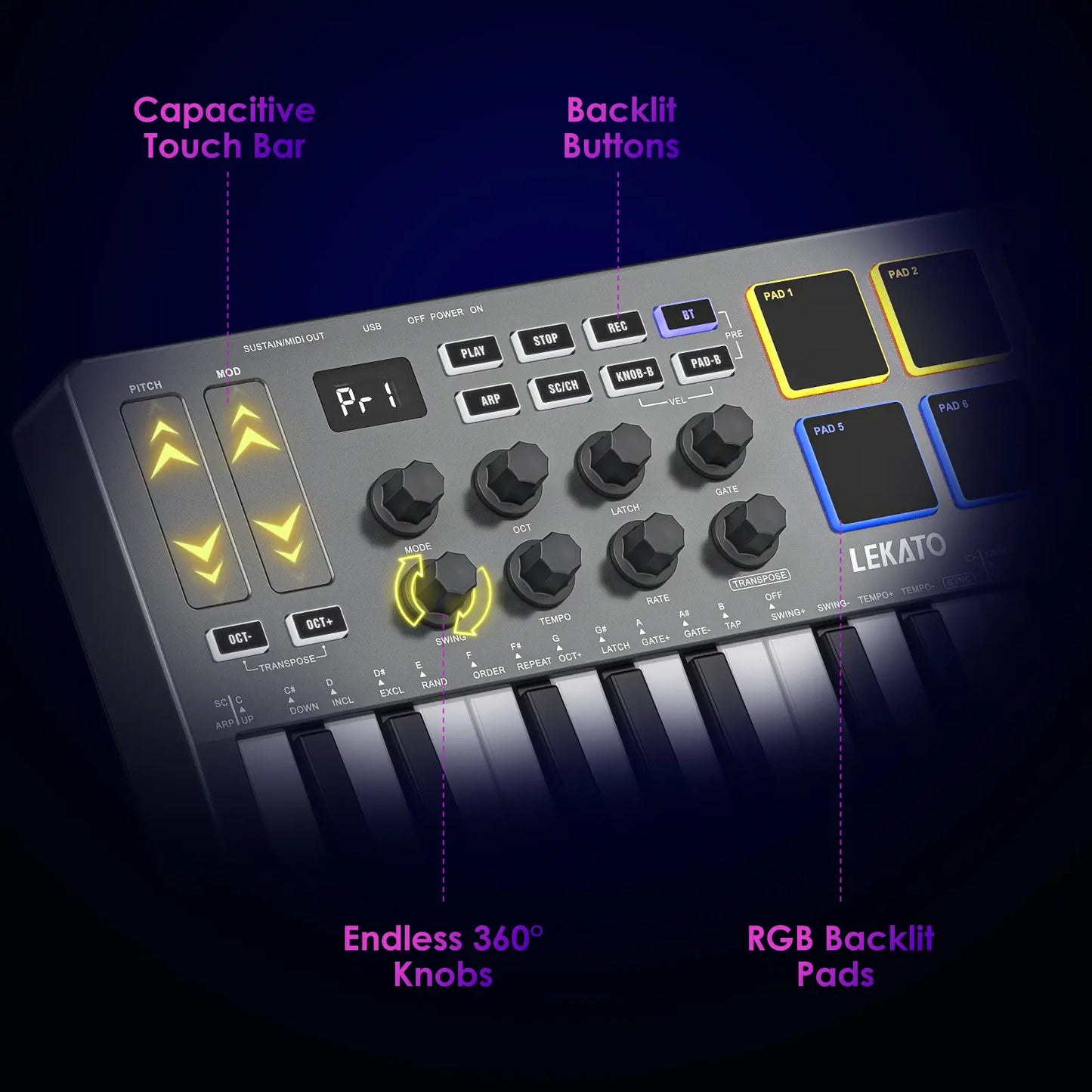 LEKATO SMK-25 Bluetooth 25-Key USB MIDI Keyboard Controller with 8 Backlit Drum Pads, Semi-Weighted Dynamic Keybed, 8 Control Knobs, Music Production Features, Smart Scales and Chords, Software Included - Ideal for Beginners and Music Enthusiasts