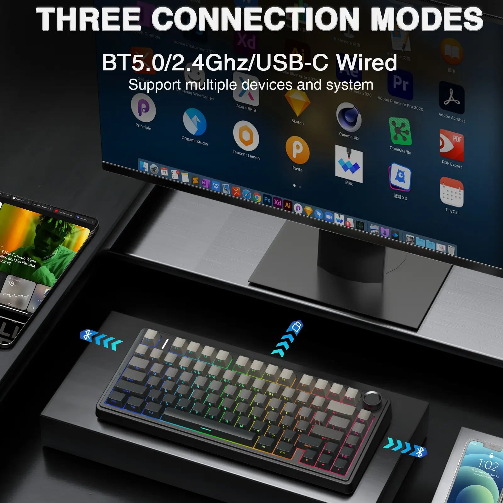 AULA F75 Pro Wireless Mechanical Gaming Keyboard - 75% Hot-Swappable, USB Rechargeable, RGB Backlit, PBT Side-Printed Keycaps, Multimedia Scroll Wheel, Ideal PC Accessories