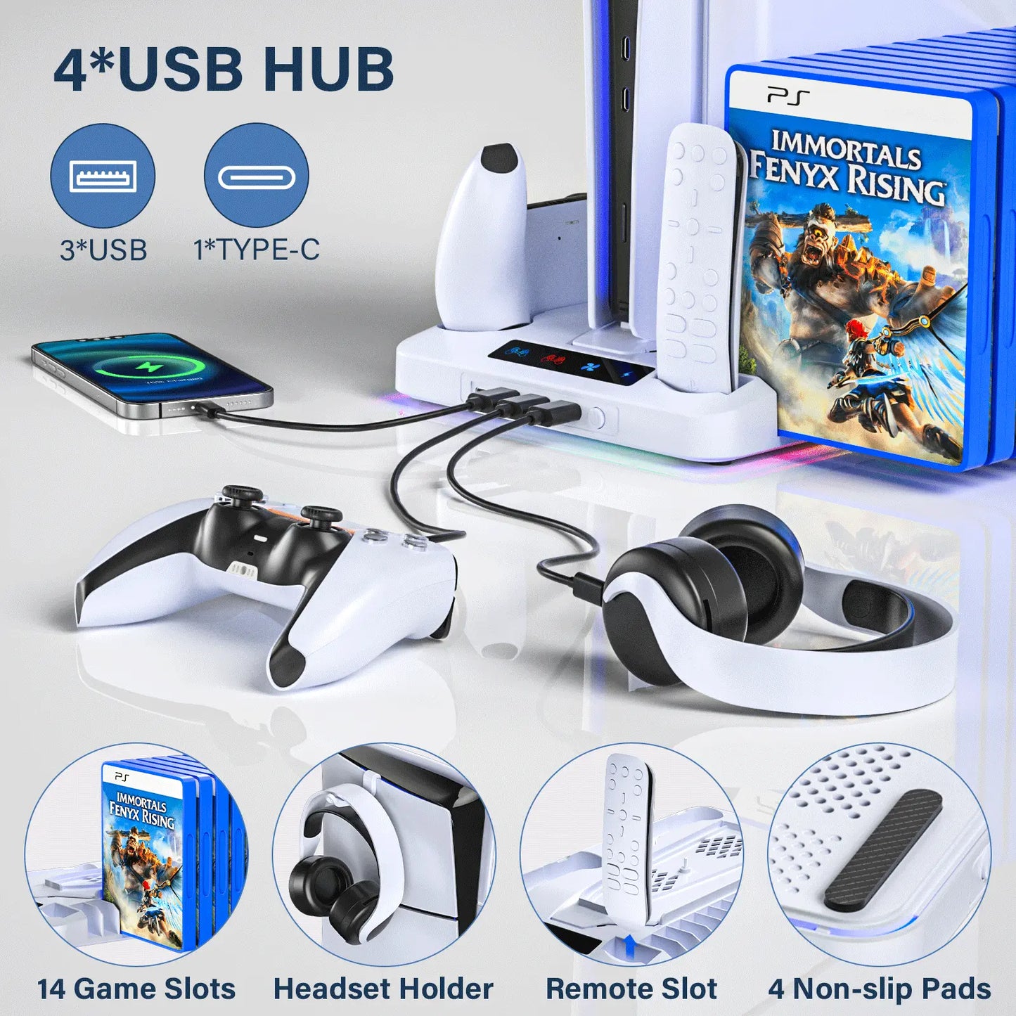 2026 Enhanced Cooling Station for PS5/Slim Console with Dual Controller Charger, Dual Turbo Fan, and Three USB Hubs
