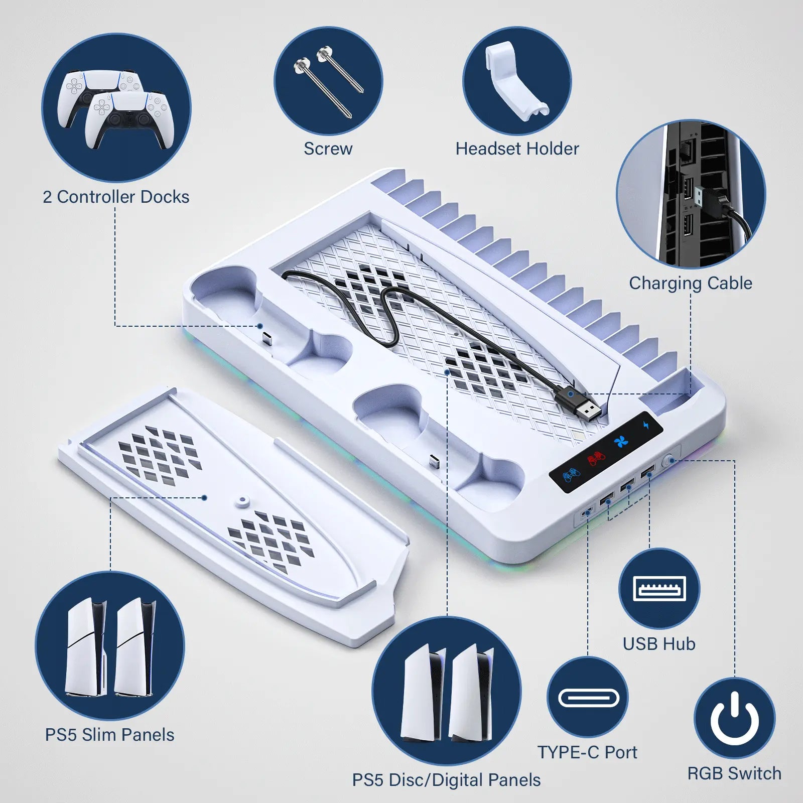 2026 Enhanced Cooling Station for PS5/Slim Console with Dual Controller Charger, Dual Turbo Fan, and Three USB Hubs