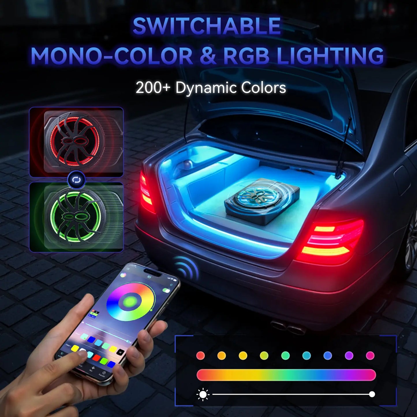 ANDEMAN 10'' Slim Under-Seat Powered Car Subwoofer with APP Control, Built-In Amplifier, and Adjustable Colour Lighting for Vehicles