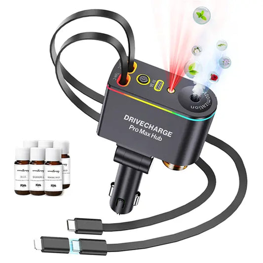 Starlight Roof Retractable Car Charger with Lightning Cable, Dual Charging Ports, and Quick Charge Adapter - 5-in-1 Automotive Solution with Red LED Lights