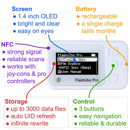Flashiibo Pro NFC Emulator with 3000+ Saves, Unlimited Rewrite, Auto UID Regeneration, Rechargeable Battery, 1.4" OLED Screen, Compatible with Over 50 Nintendo Switch Games