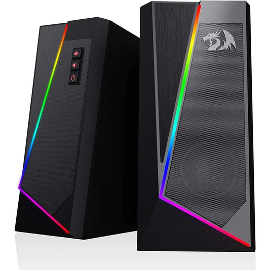 Redragon GS520 2.0 Channel Desktop Speakers - Multifunctional PC Gaming Audio System with RGB LED Lighting, Enhanced Sound Quality, and Convenient Volume Control, USB Powered with 3.5mm Connectivity