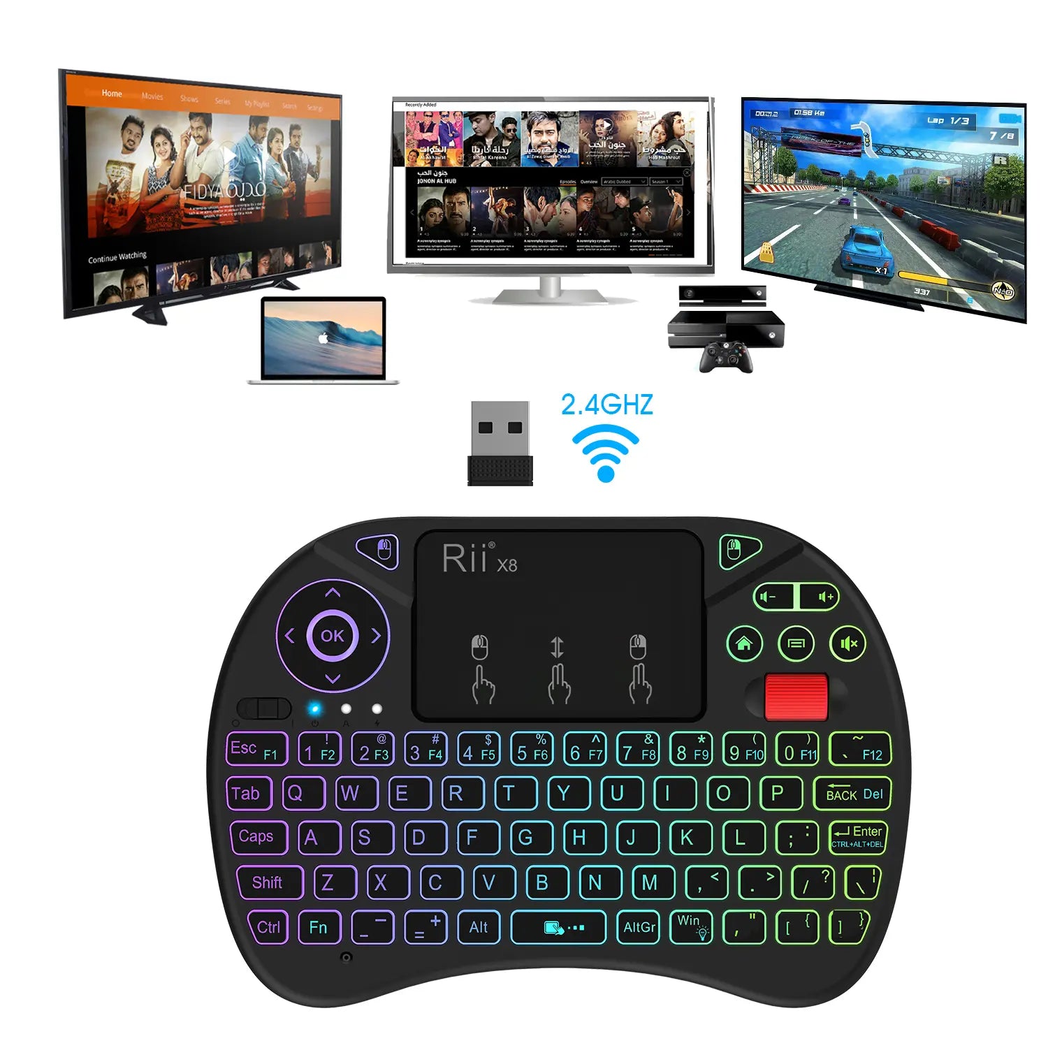 Rii X8 Mini Wireless Keyboard with Touchpad, 2.4GHz Connectivity, RGB Backlighting, and Rechargeable Battery for Android TV Box, Mac, PC, and Nvidia Shield Controller