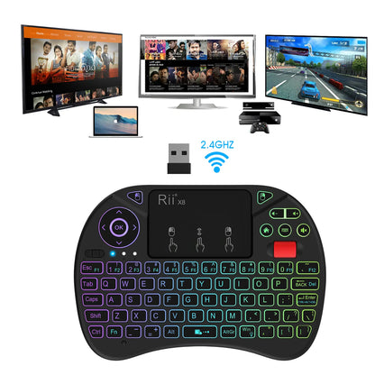Rii X8 Mini Wireless Keyboard with Touchpad, 2.4GHz Connectivity, RGB Backlighting, and Rechargeable Battery for Android TV Box, Mac, PC, and Nvidia Shield Controller
