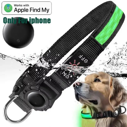 Rechargeable LED Pet Tracker Collar with Safety Light, Smart Mini Tracker Compatible with Apple Find My iOS, USB PD Charging, and QR Code Dog Tag Holder