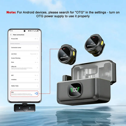 Wireless Lavalier Microphone with Charging Case for iPhone, iPad, and Android - Portable Clip-on Receiver for Audio Recording and Streaming, Black