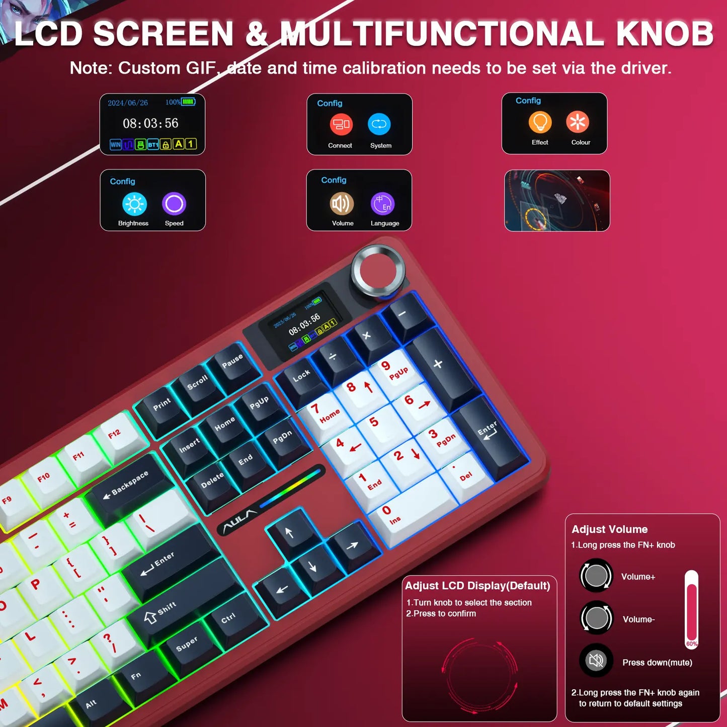 AULA F108 Pro Wireless Mechanical Gaming Keyboard - Full-Size with Smart Screen, Knob, Creamy Typing, Tri-Mode Connectivity, RGB Backlighting, Hot Swappable Switches for Professional and Gaming Use, Red