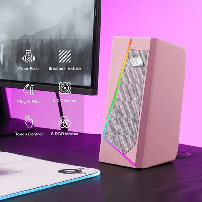 Redragon GS520 2.0 Channel Desktop Speakers - Multifunctional PC Gaming Audio System with RGB LED Lighting, Enhanced Sound Quality, and Convenient Volume Control, USB Powered with 3.5mm Connectivity