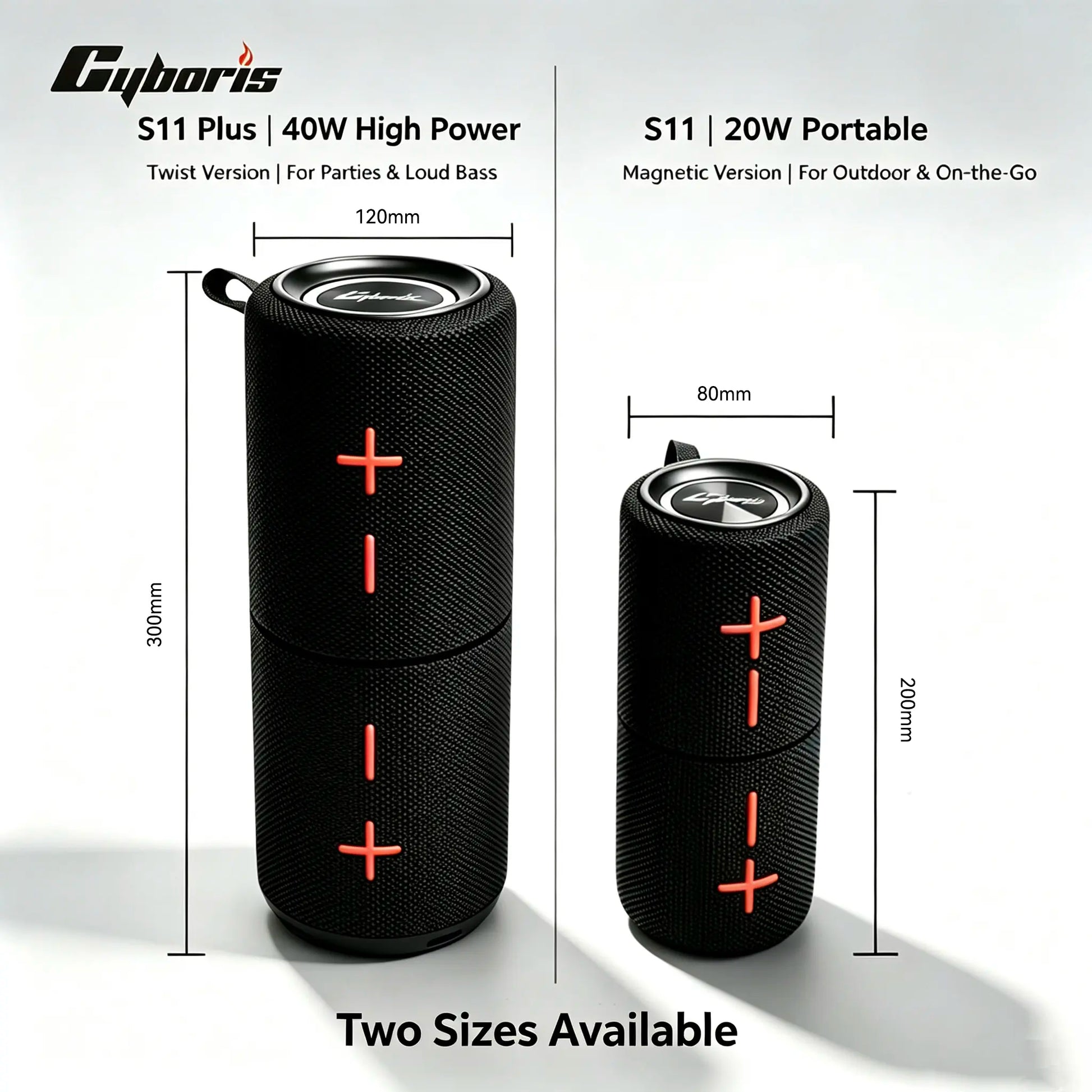 CYBORIS S11 Plus/S11 2-in-1 Bluetooth Speaker - 40W/20W High Volume Stereo, IPX6 Waterproof, 24 Hours Playtime, Bluetooth V5.3 Connectivity for Smartphones and More, Premium Audio Subwoofers