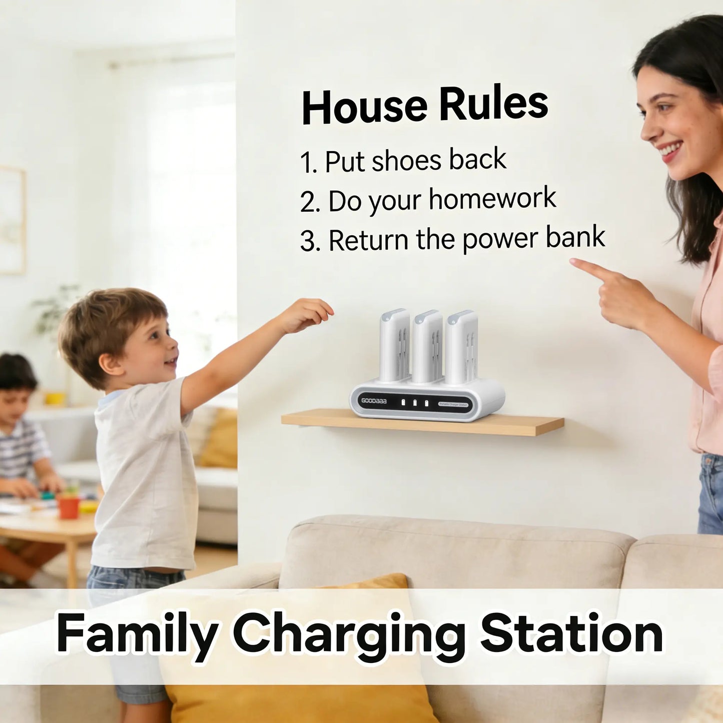 Goodaaa 3-Pack 10000Mah Portable Charger with Charging Dock Station, Built-In Cables, Family Power Hub for Home, Office, Travel, Parties, Dorms & Perfect Gift