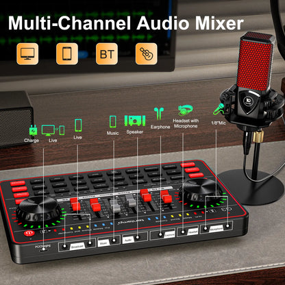 Tenlamp G3-Q8 Professional Podcast Microphone Bundle with Live Sound Card and Audio Mixer for Streaming, Singing, and Content Creation, Featuring Voice Changer and Soundboard Effects
