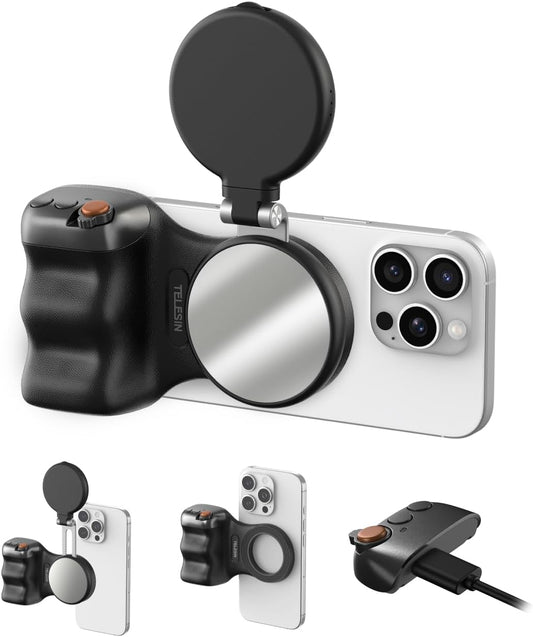 Fun Shot Magnetic Phone Camera Grip and C03 Magnetic Selfie Light Creator Kit Compatible with iPhone MagSafe and Android - Bundle for Selfies, Photography, TikTok, Zoom Calls, and Video (Black)