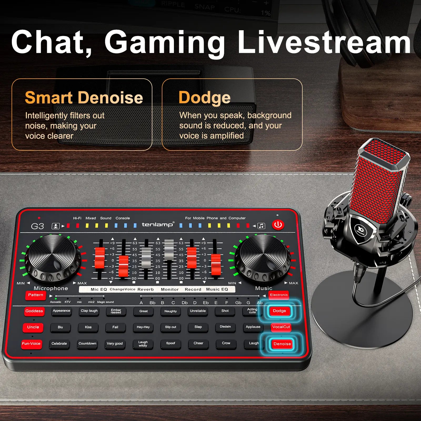 Tenlamp G3-Q8 Professional Podcast Microphone Bundle with Live Sound Card and Audio Mixer for Streaming, Singing, and Content Creation, Featuring Voice Changer and Soundboard Effects