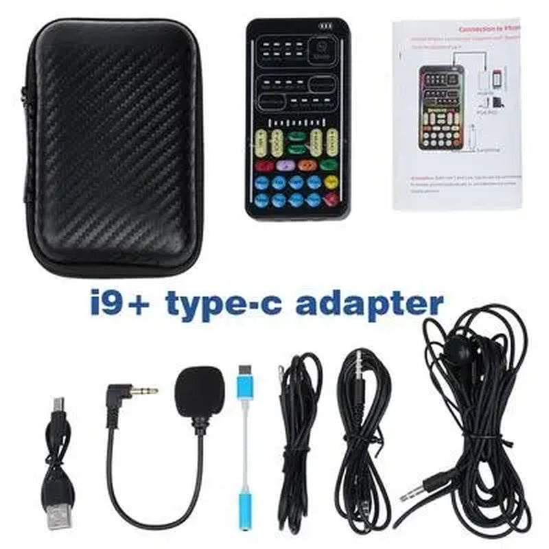 I9 Real-Time Voice Changer with Sound Card - 8 Voice Effects and Complete Accessories (Mini Microphone, Monitor Earphones, Adapters), Plug & Play, Compatible with PC, PS5, Xbox, Switch, Android, and iOS