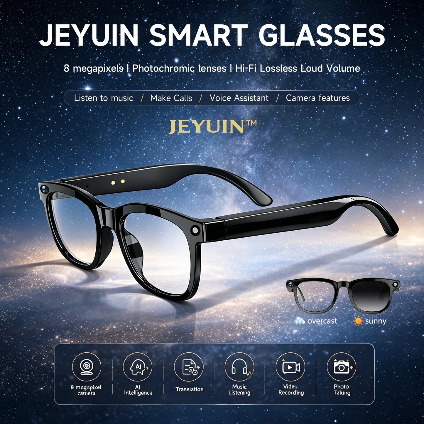 JEYUIN Smart Bluetooth Audio Glasses: Hands-Free Vlogging, Photo & Video Capture with Real-Time Translation - Ideal Wearable Camera Eyewear for Travel, Outdoor Activities, and Everyday Use - Compatible with iPhone and Android