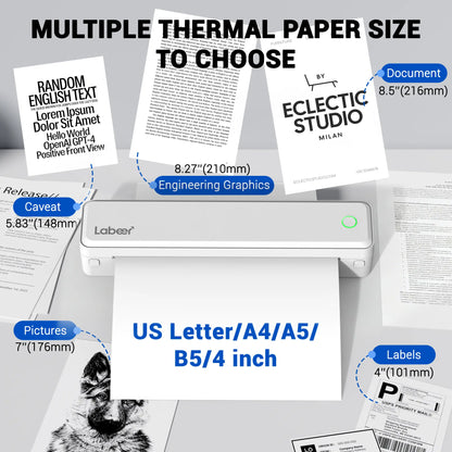Inkless Portable Bluetooth Thermal Printer – Wireless Printing Solution for Travel, Home & Office, Compatible with iOS, Android, and Laptops, Supports 8.5x11 US Letter & A4 Thermal Paper, No Ink Required, Ideal Gift Option