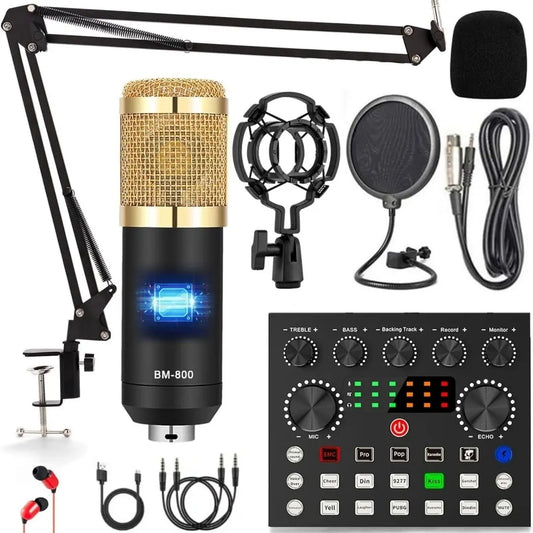 Safring Podcast Equipment Bundle, BM800 Podcast Usb Rechargeable Microphone Bundle with V8S Voice Change#R, Condenser Microphone Recording Studio Package for Podcasting Live Streaming Singing Tiktok Youtube Dynamic Mic Sound Card Desk Clamp #Summervibes