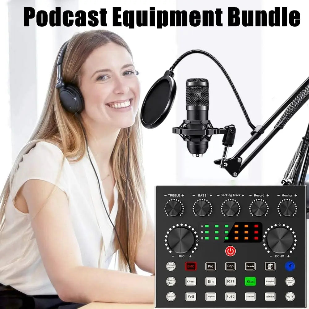 Safring Podcast Equipment Bundle, BM800 Podcast Usb Rechargeable Microphone Bundle with V8S Voice Change#R, Condenser Microphone Recording Studio Package for Podcasting Live Streaming Singing Tiktok Youtube Dynamic Mic Sound Card Desk Clamp #Summervibes