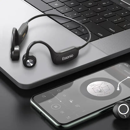 ESSONIO-P8 Bone Conduction Bluetooth Headset - Wireless Hanging Ear Design, IPX8 Waterproof, 32GB Memory, Ideal for Night Running and Swimming Fitness, Durable Audio Earbud in Black