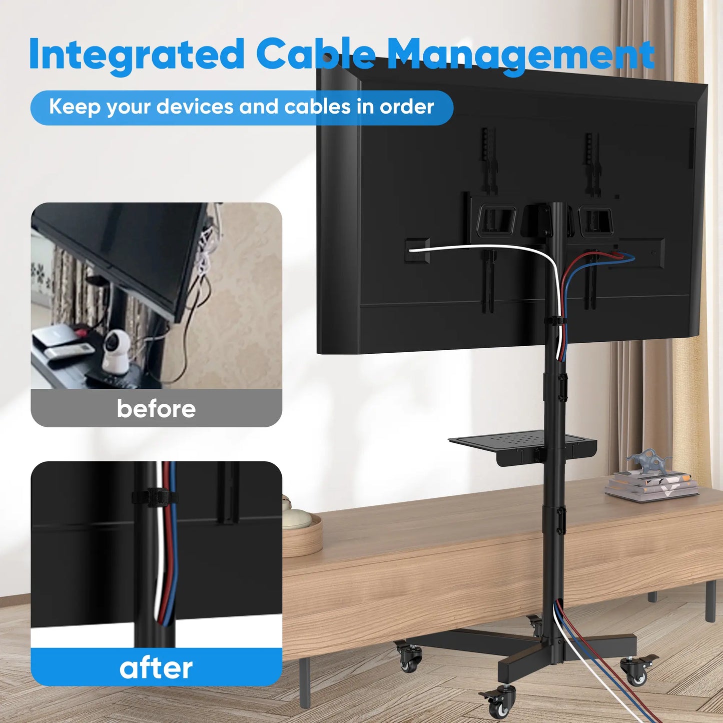 Mobile TV Stand for 23-65 Inch LCD/LED Flat-Panel and Curved TVs, 15° Tilt, Supports up to 88 lbs, Includes Laptop Holder, Portable with Rolling Base, Swivel Capability, Compatible with VESA Resolutions up to 400x400