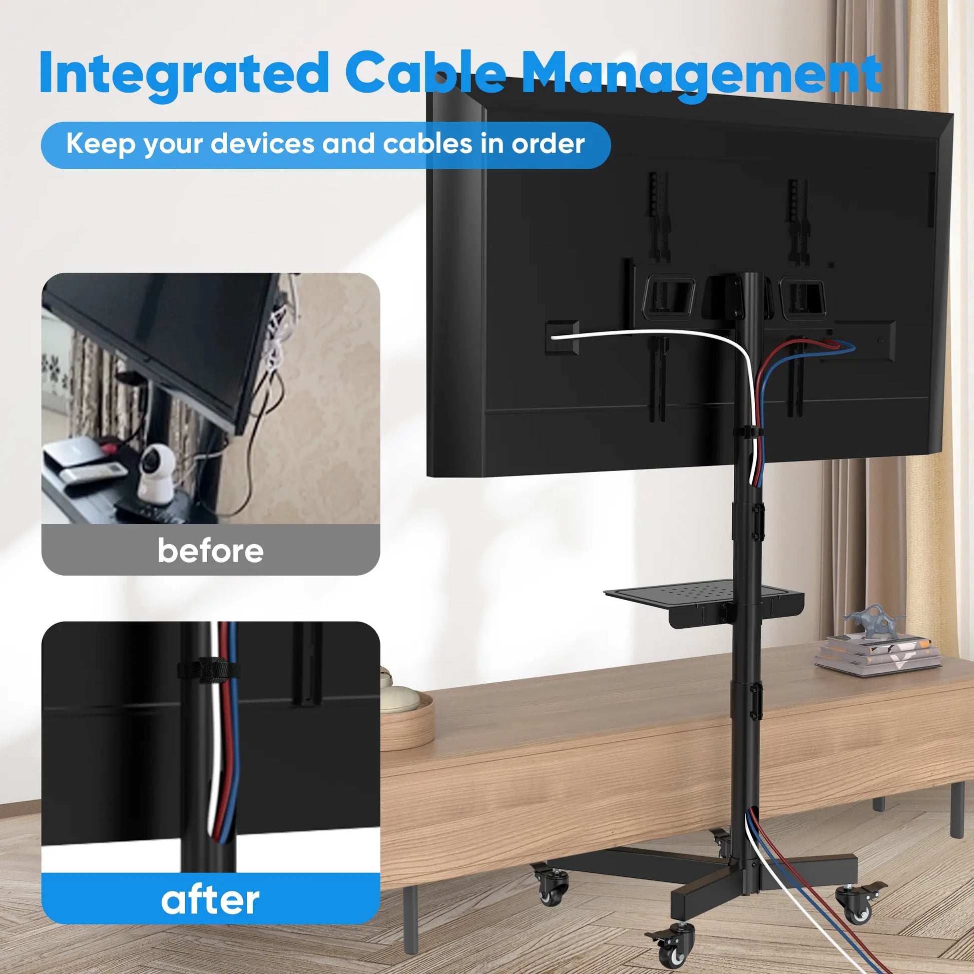 Mobile TV Stand for 23-65 Inch LCD/LED Flat-Panel and Curved TVs, 15° Tilt, Supports up to 88 lbs, Includes Laptop Holder, Portable with Rolling Base, Swivel Capability, Compatible with VESA Resolutions up to 400x400