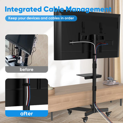 Mobile TV Stand for 23-65 Inch LCD/LED Flat-Panel and Curved TVs, 15° Tilt, Supports up to 88 lbs, Includes Laptop Holder, Portable with Rolling Base, Swivel Capability, Compatible with VESA Resolutions up to 400x400