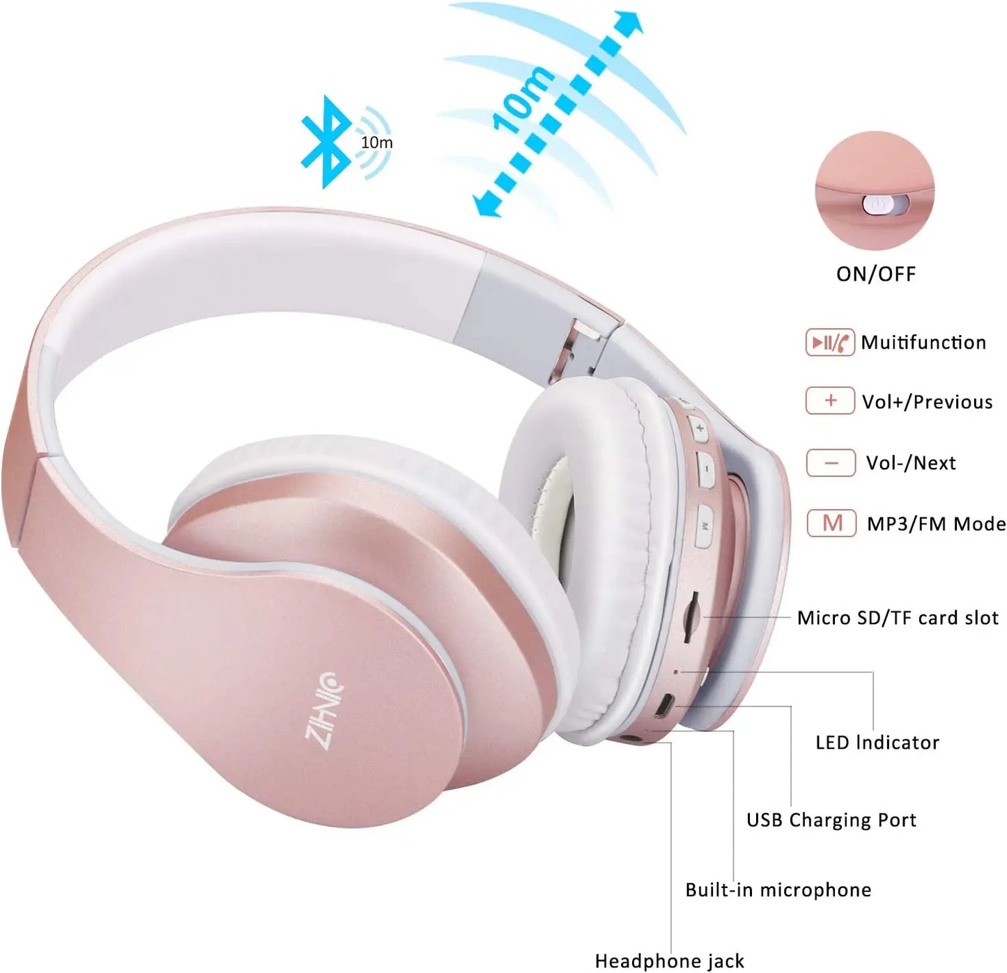 ZIHNIC WH-816 Wireless Bluetooth Over-Ear Headphones with Long Battery Life, Waterproof Design, and Foldable Sport Features for Comfortable Extended Use