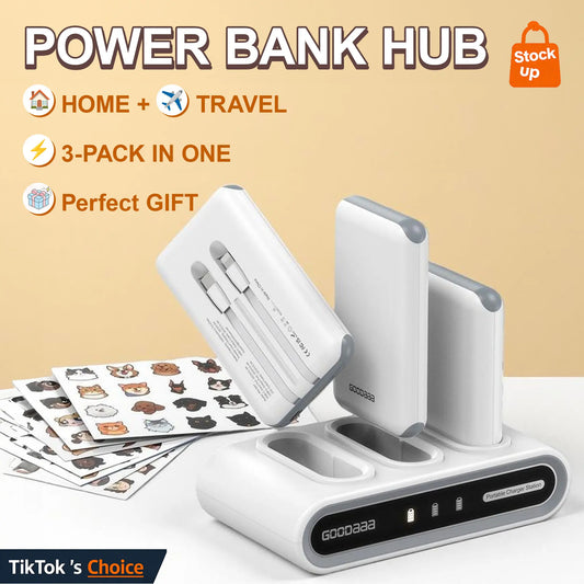 Goodaaa 3-Pack 10000Mah Portable Charger with Charging Dock Station, Built-In Cables, Family Power Hub for Home, Office, Travel, Parties, Dorms & Perfect Gift