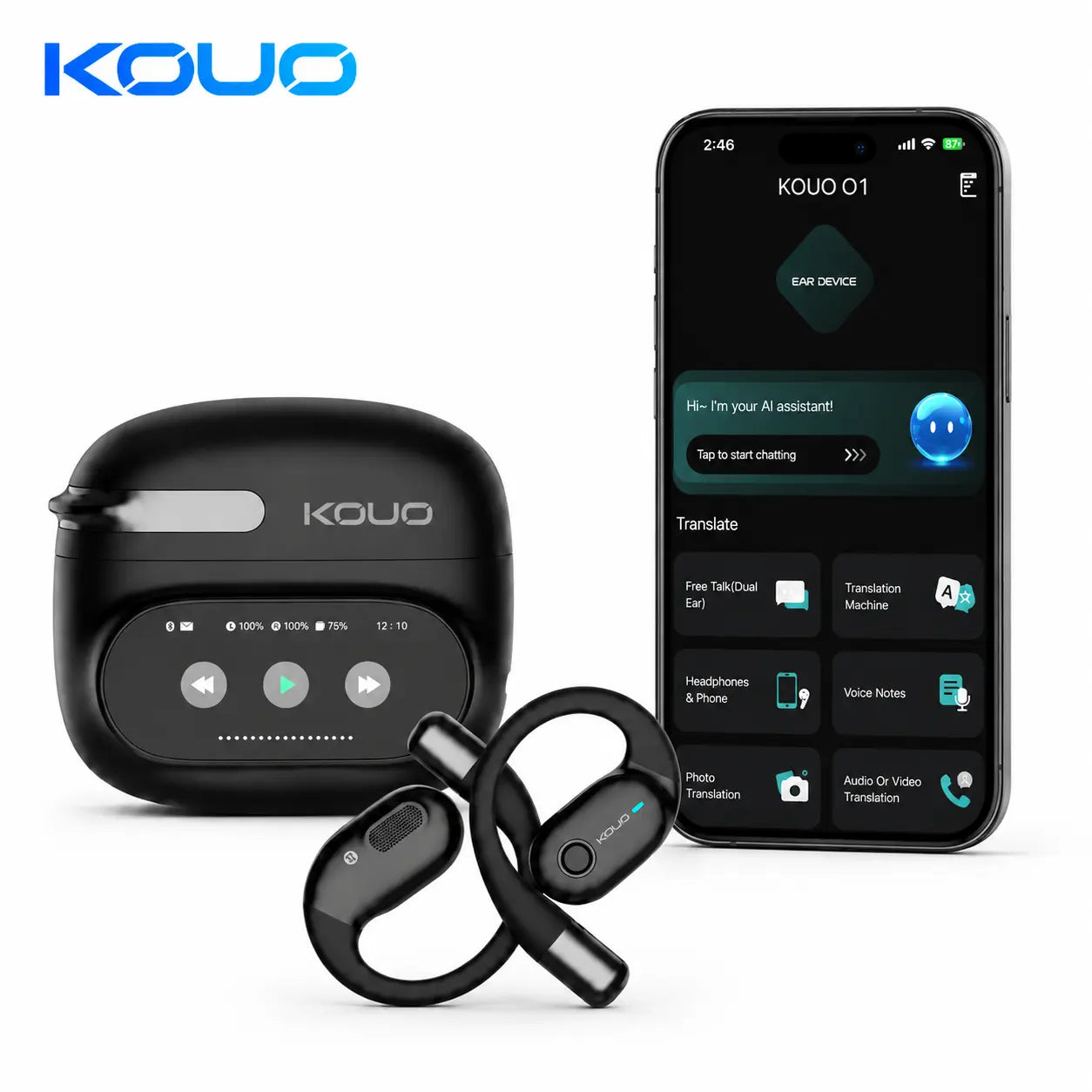KOUO O1 Open-Ear Wireless Bluetooth 5.4 Headphones with LED HD Display, High-Fidelity Sound, IPX7 Waterproof - Ideal for Office, Sports, Studying, and Audio Calls