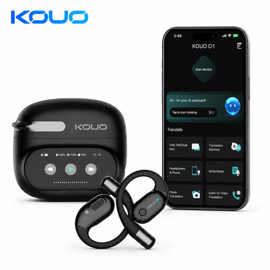 KOUO O1 Open-Ear Wireless Bluetooth 5.4 Headphones with LED HD Display, High-Fidelity Sound, IPX7 Waterproof - Ideal for Office, Sports, Studying, and Audio Calls