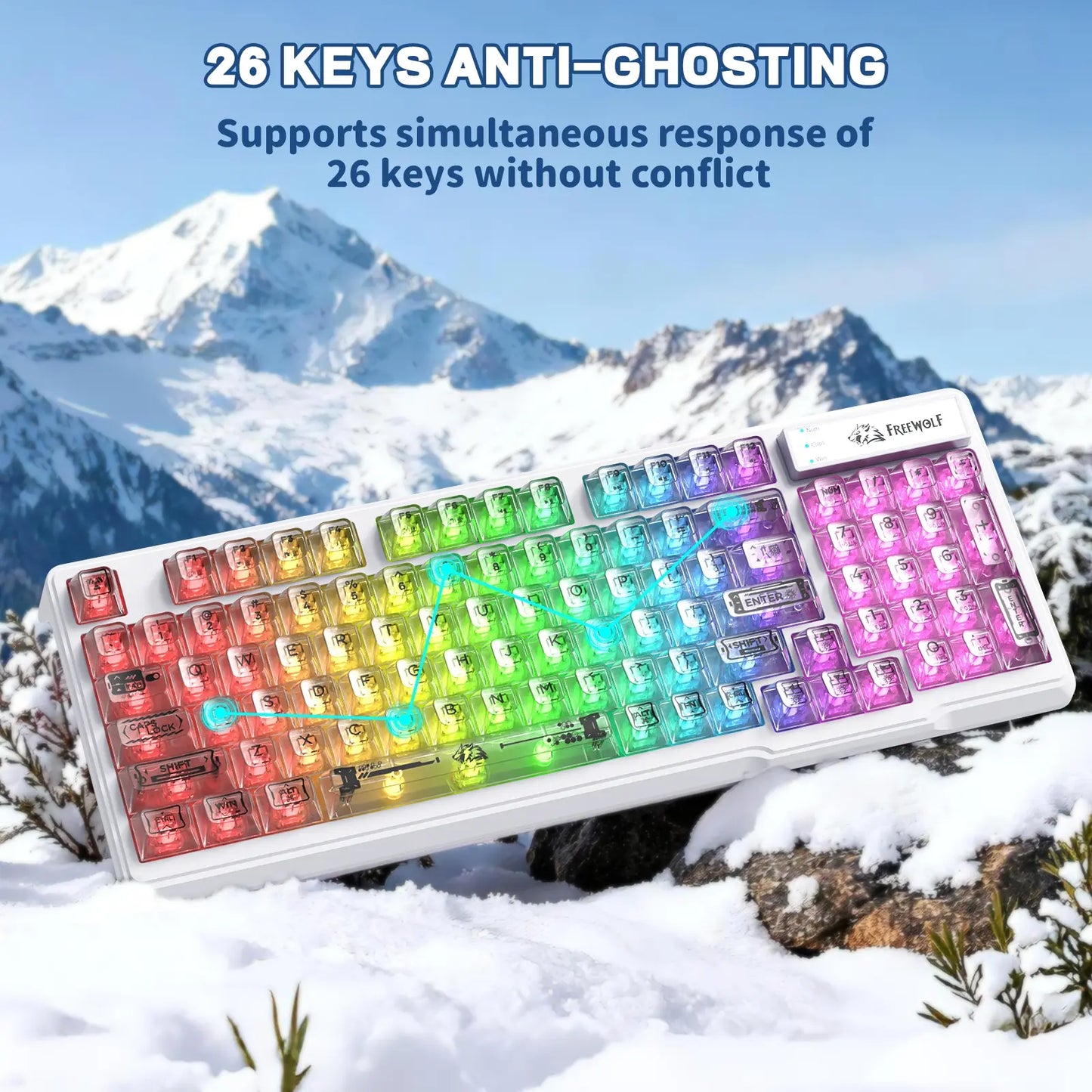 ZIYOU LANG M95 Wired Gaming Keyboard with Transparent Membrane, Clear Keycaps, Rainbow RGB Backlighting, Side Light Bar, 94 Silent Keys with Mechanical Feel, 26-Key Anti-Ghosting, Compatible with Mac and PC
