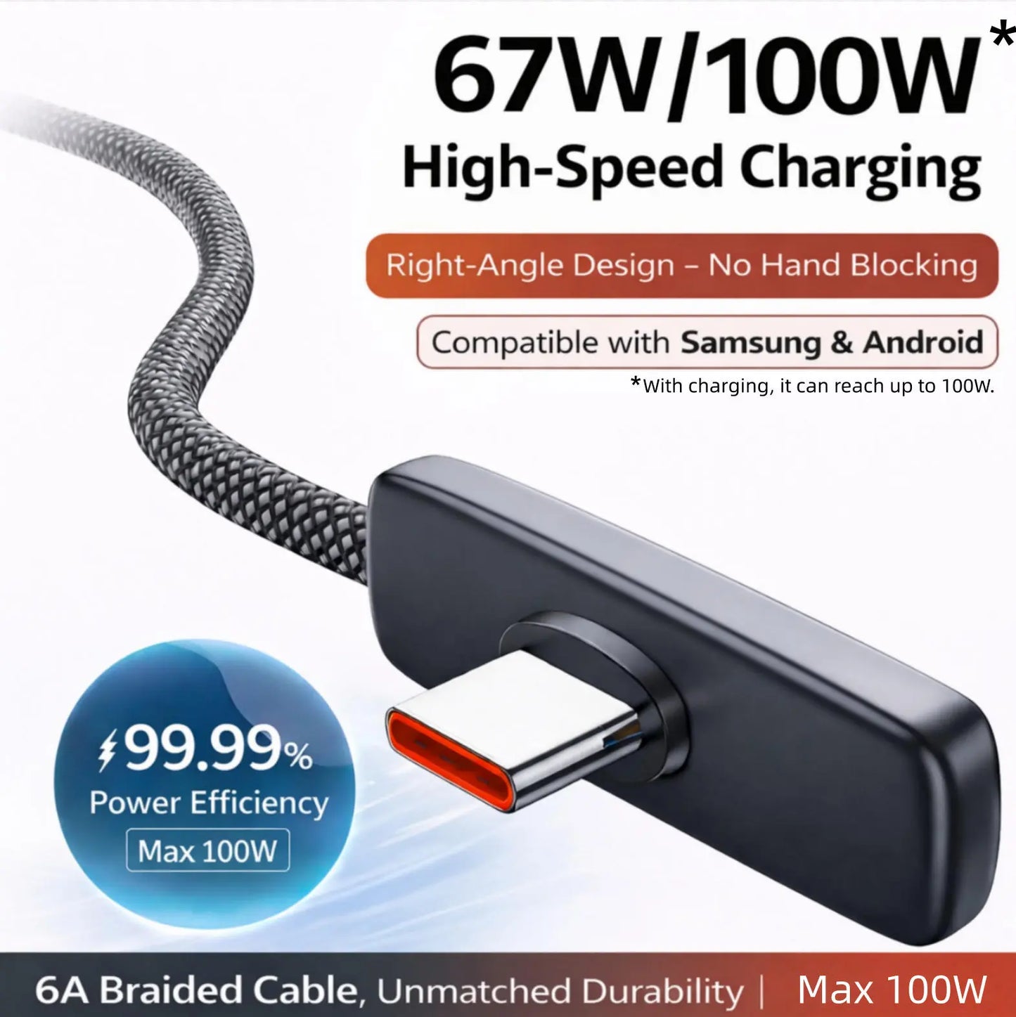 100W Right Angle USB-C Fast Charging Cable - PD PPS 60W/240W, 6A Braided Cord for iPhone 15/16/17 Pro Max, Samsung Android Phones, Tablets, and Laptops - 90 Degree Design for Enhanced Accessibility